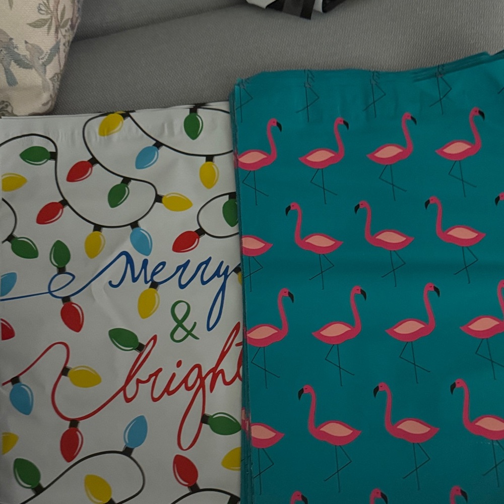 Flamingo Teal Poly mailers & Merry & Bright  10x13 
25 of each